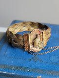 14K Victorian Aesthetic Movement Bird and Nature Scene Mesh Bracelet. Circa 1880, Gift for Her