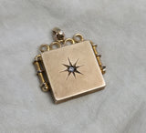 Antique 10K Solid Gold Old Cut Diamond Starburst Square Shape Watch Fob Locket, Monogram AG, Gift for Her