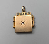 Antique 10K Solid Gold Old Cut Diamond Starburst Square Shape Watch Fob Locket, Monogram AG, Gift for Her