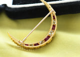 Antique 14K Gold GIA Burma Burmese No Heat Ruby Old Mine Cut Diamond Crescent Brooch