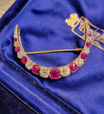 Antique 14K Gold GIA Burma Burmese No Heat Ruby Old Mine Cut Diamond Crescent Brooch