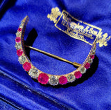 Antique 14K Gold GIA Burma Burmese No Heat Ruby Old Mine Cut Diamond Crescent Brooch