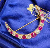 Antique 14K Gold GIA Burma Burmese No Heat Ruby Old Mine Cut Diamond Crescent Brooch