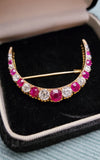 Antique 14K Gold GIA Burma Burmese No Heat Ruby Old Mine Cut Diamond Crescent Brooch