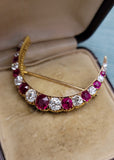 Antique 14K Gold GIA Burma Burmese No Heat Ruby Old Mine Cut Diamond Crescent Brooch