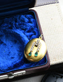 Antique Victorian European 15K Solid Gold Emerald Rose Cut Diamond Seed Pearl Oval Photo Locket,  Circa 1880