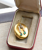 Antique Victorian European 15K Solid Gold Emerald Rose Cut Diamond Seed Pearl Oval Photo Locket,  Circa 1880