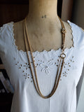 Victorian 12K Gold Interlocking Link Long Guard Muff Chain Necklace,Taille D'Epargne Black Enamel Seed Pearl Slide, 32 Inches Double Length