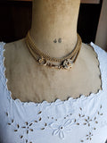 Victorian 12K Gold Interlocking Link Long Guard Muff Chain Necklace,Taille D'Epargne Black Enamel Seed Pearl Slide, 32 Inches Double Length