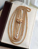Victorian 12K Gold Interlocking Link Long Guard Muff Chain Necklace,Taille D'Epargne Black Enamel Seed Pearl Slide, 32 Inches Double Length