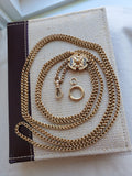 Victorian 12K Gold Interlocking Link Long Guard Muff Chain Necklace,Taille D'Epargne Black Enamel Seed Pearl Slide, 32 Inches Double Length