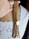 Victorian 12K Gold Interlocking Link Long Guard Muff Chain Necklace,Taille D'Epargne Black Enamel Seed Pearl Slide, 32 Inches Double Length