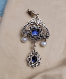 Antique Victorian French 18K Gold Silver GIA Certified No Heat Sri Lanka Ceylon Sapphire Old Cut Diamond Pearl Pendant