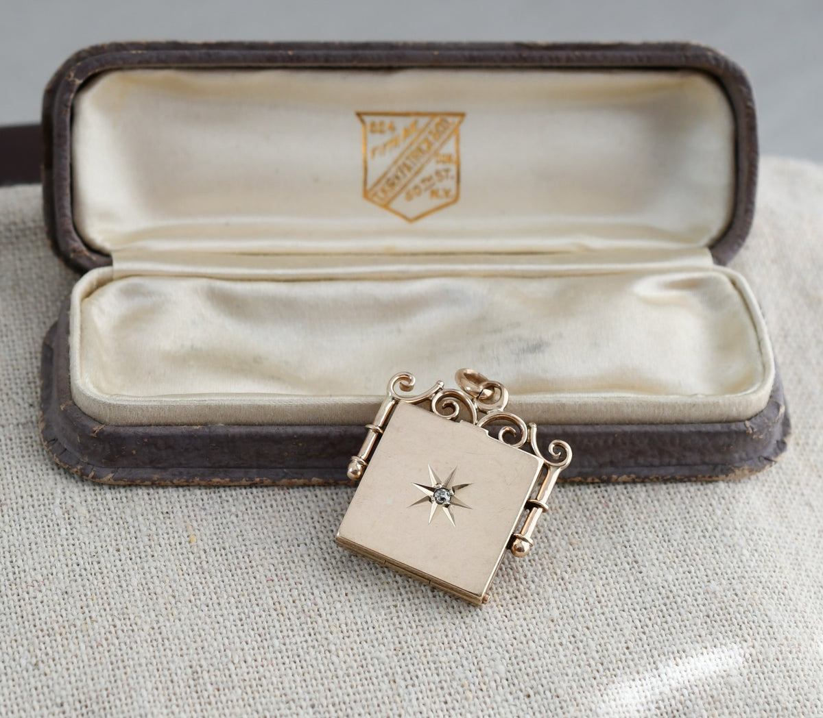 Antique Victorian 10K Solid Gold Old Cut Diamond Starburst Square Watch Fob  Photo Locket, Gift for Her