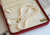 Classic Mikimoto Akoya Pearl Single Strand Necklace, 7.5mm-8mm, Hand Knotted, 18K Yellow Gold Pearl Clasp, 24 Inches, Gift for Her