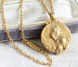 Antique French Art Nouveau 18K Gold Rose Cut Diamond Repousse Lady Maiden Slide Locket Necklace, Gift for Her