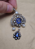 Antique Victorian French 18K Gold Silver GIA Certified Sri Lanka Ceylon Blue Sapphire Old Cut Diamond Pearl Pendant