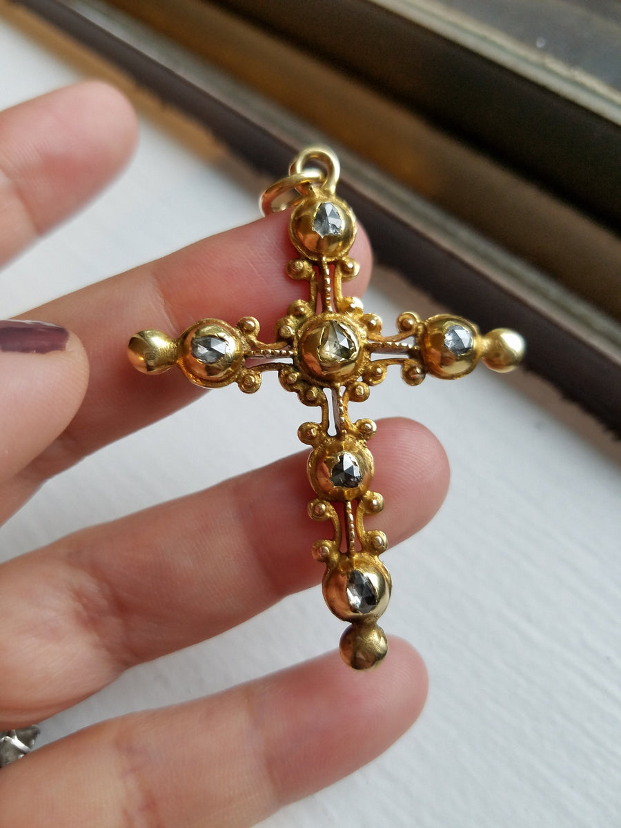 Antique Iberian Rose Cut Diamond 18K Gold Cross Pendant