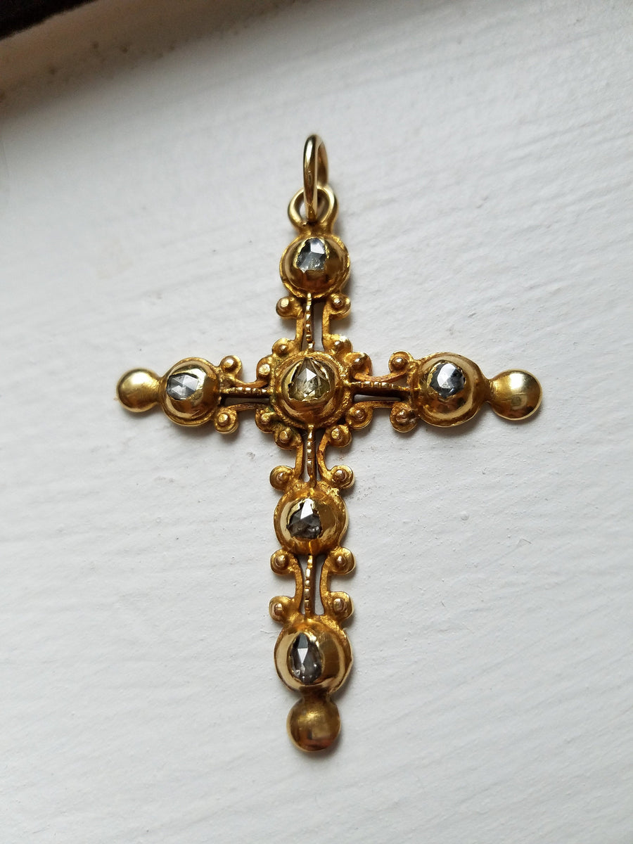 Antique Iberian Rose Cut Diamond 18K Gold Cross Pendant, Crucifix