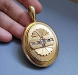 Large Antique Victorian English 15K 15CT Solid Gold Old Cut Diamond Oval Locket, 0.50 CTW, Circa 1880s