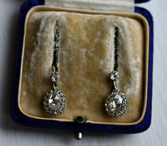 Antique Late Victorian Edwardian Platinum 18K Rose Cut Diamond Drop Pierced Earrings