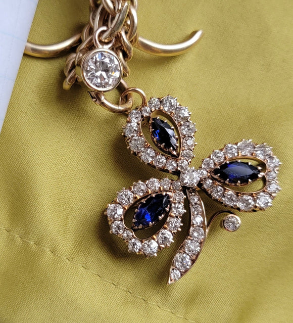 Antique 14K Gold GIA Cambodia No Heat Sapphire Old Mine Old European Cut Diamond Clover Flower Floral Brooch Pendant