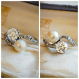 Antique Edwardian Platinum 1.22 Ct Old Cut Diamond Pearl Two Stone Toi et Moi Bypass Engagement Ring, Size 6-6.25