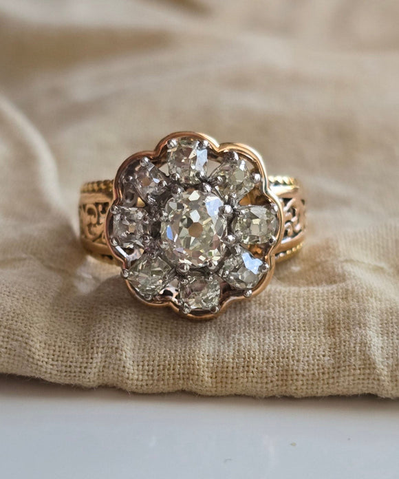 Antique Late Victorian 18K Gold Old Mine Cut Diamond Cluster Ring, 1.65 CTW, Engagement Ring, Flower Ring, Size 5.25