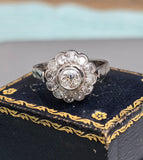 Antique Early 1900s Edwardian/Art Deco Platinum Old Cut Diamond Cluster Halo Daisy Ring, 7.5-7.75