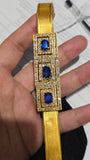 Mid-century Retro 18K Three-Section GIA Ceylon Sri Lanka No Heat Sapphire Old Mine Diamond Greek Key Mesh Link Bracelet