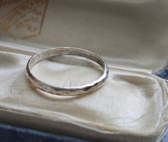 Antique Art Deco Orange Blossom Hammered Texture Handmade Sterling Silver Band Ring, Wedding Band, Size 5.75