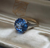 Vintage/Antique Art Deco 9KT Gold & Platinum Blue Stone Solitaire Ring, Size 5.25-5.5