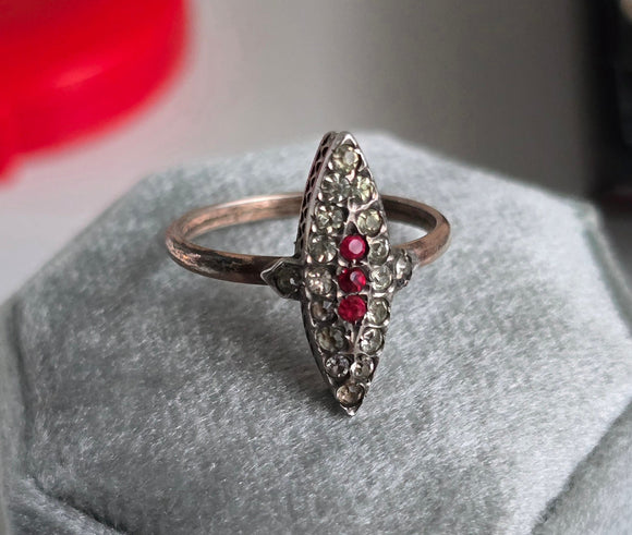 Antique Original Late 19th Century Victorian Old Mine Cut Paste Vermeil Sterling Silver Navette Ring, Size 7.5