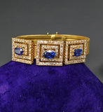 Mid-century Retro 18K Three-Section GIA Ceylon No Heat Sapphire Old Mine Diamond Greek Key Mesh Link Bracelet