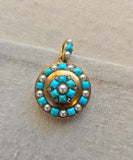 Antique French 18k Turquoise, Seed Pearl & Rose-Cut Diamond Floral Locket, Late 19th Century