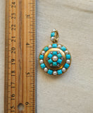 Antique French 18k Turquoise, Seed Pearl & Rose-Cut Diamond Floral Locket, Late 19th Century