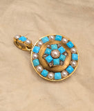Antique French 18k Turquoise, Seed Pearl & Rose-Cut Diamond Floral Locket, Late 19th Century