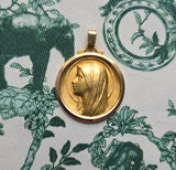 Vintage French 18K Gold Madonna Virgin Mary Medal Medallion Pendant, Religious Protection Charm
