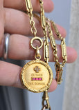 Classic French Vintage 18K Gold Augis "Qu'hier Que Demain" Love Charm Pendant with Laurel Border