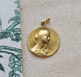 Antique French 18K Gold Virgin Mary Medal Pendant Engraved 1943, Religious Protection Charm