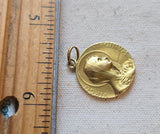 Antique French 18K Gold Virgin Mary Medal Pendant Engraved 1943, Religious Protection Charm