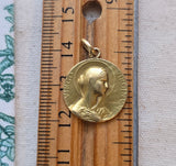 Antique French 18K Gold Virgin Mary Medal Pendant Engraved 1943, Religious Protection Charm