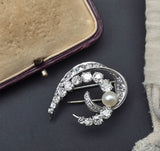 Vintage Mid-century Retro French Mauboussin 18k Gold Old Mine Cut Diamond Pearl Brooch, Gift for Her