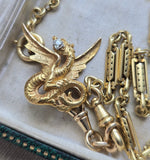 Antique French 18k Gold Old Mine Cut Damond Chimera Griffin Dragon Brooch, Circa 1900