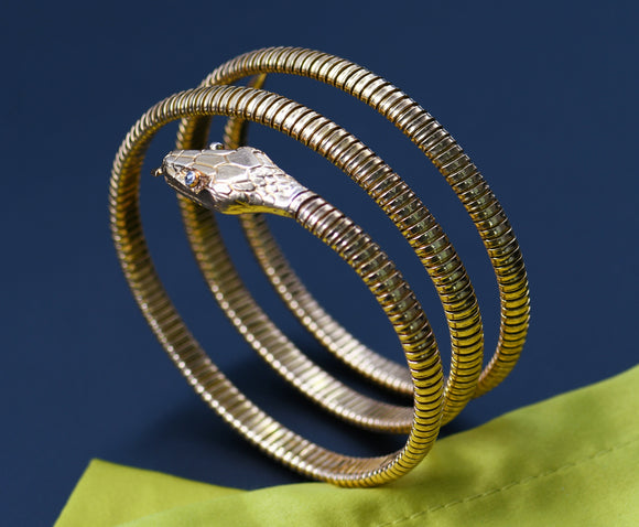 Antique Portuguese 19.2K High Karat Gold Diamond Snake Coil Bracelet, Gift for Her
