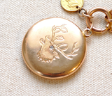 Antique 14k Diamond Deer Elk Locket, Monogram AF