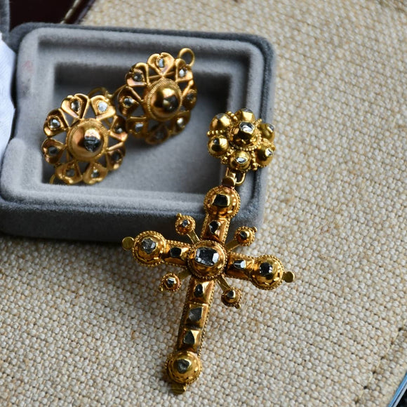Georgian Spanish 18th Century Earrings and Cross Pendant