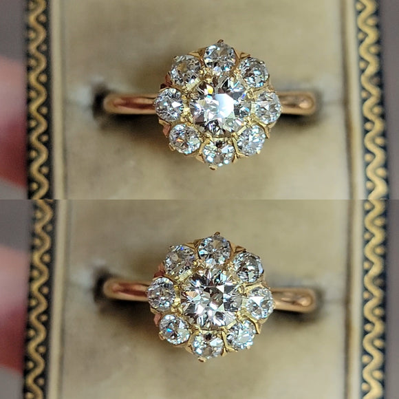 Antique 18K Gold Old Mine Old European Cut Diamond Cluster Ring, 1.50 CTW, Engagement Ring, Flower Ring, Size 7.5