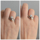 Antique Edwardian Platinum 1.22 Ct Old Cut Diamond Pearl Two Stone Toi et Moi Bypass Engagement Ring, Size 6-6.25