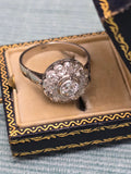 Antique Early 1900s Edwardian/Art Deco Platinum Old Cut Diamond Cluster Halo Daisy Ring, 7.5-7.75